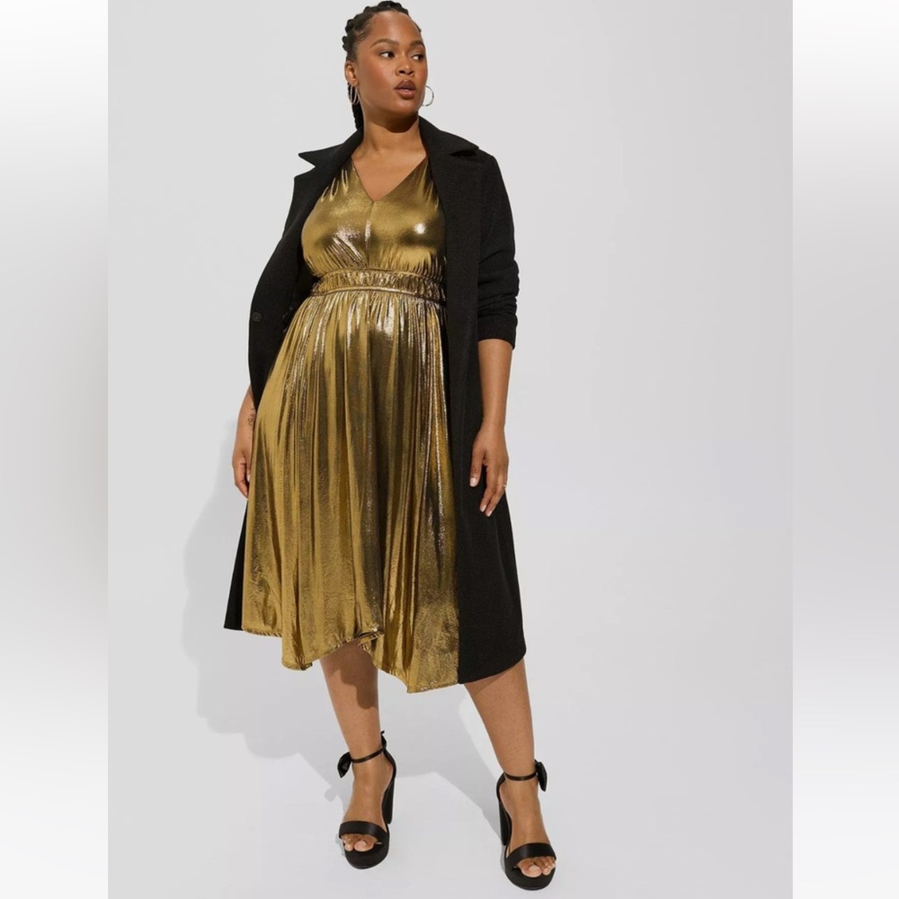 Torrid Gold and Black Midi Sundress V-Neck Cocktail